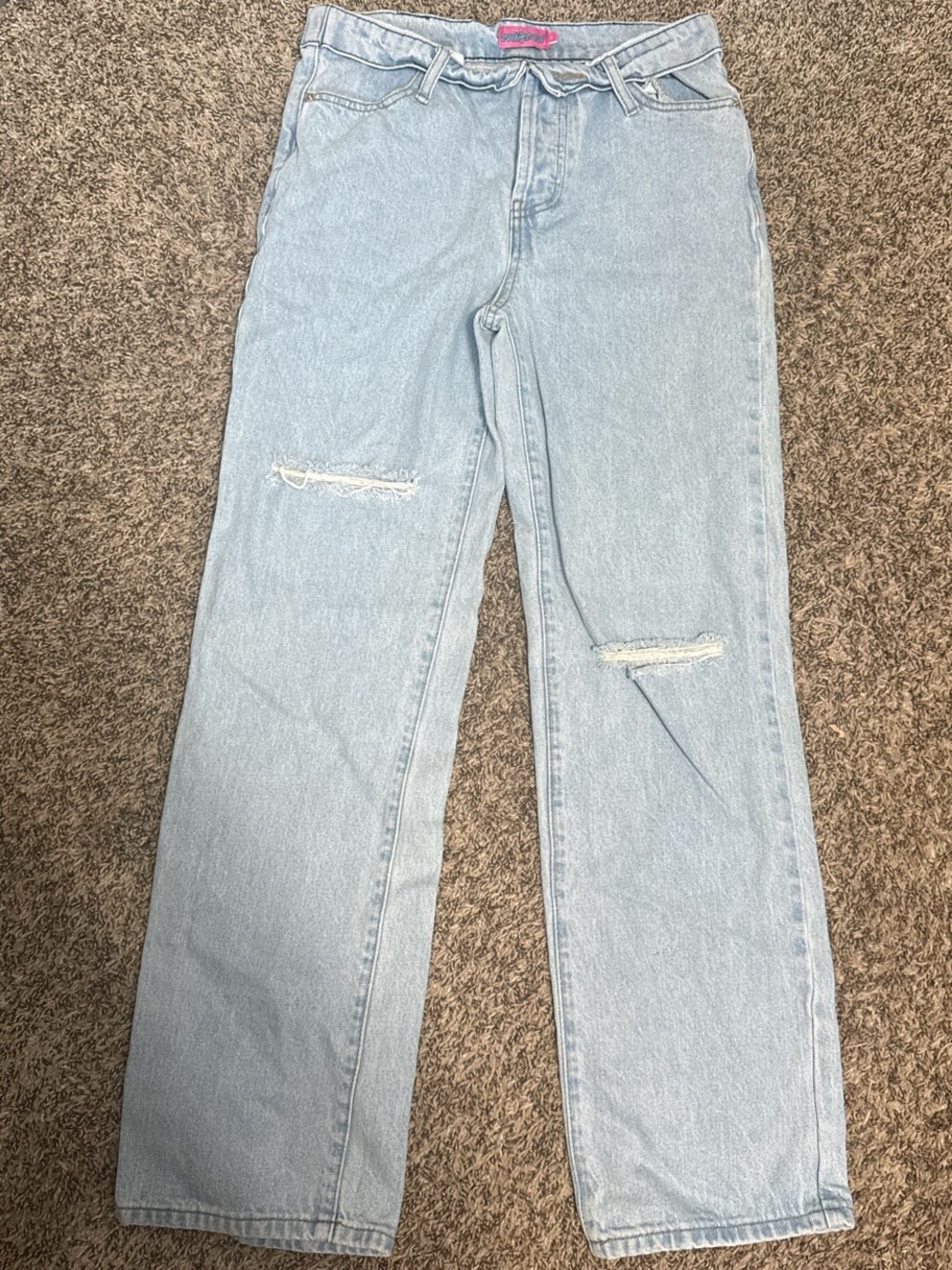 Edikted Light Blue High-Rise Fold Over Denim Jeans with Pink Logo Tab